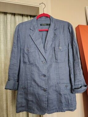 Lauren Ralph Lauren Womens Blue 100% Linen Utility Safari Blazer Jacket sz 12